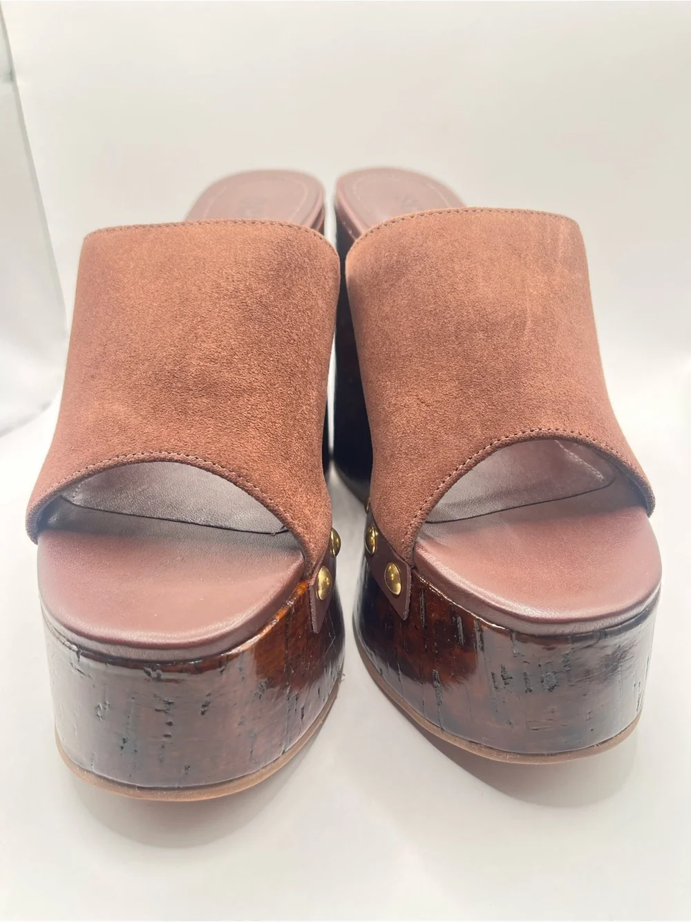 Schutz Sandalia Salto Alto New 5B Brown Suede Platform Wedge Studded Sandals